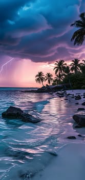 tropical beach view at cloudy stormy night with white sand, turquoise water and palm trees. Neural network generated image. Not based on any actual scene or pattern.