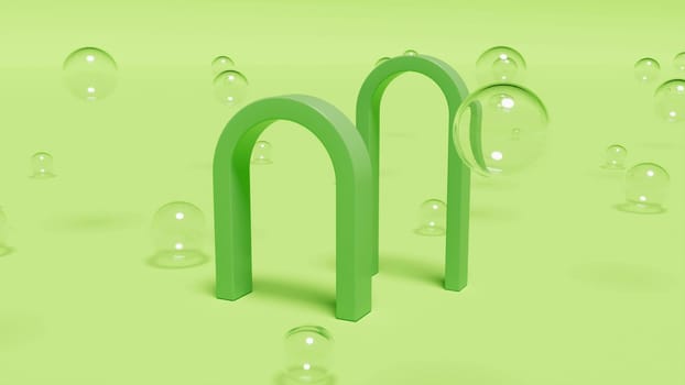 Green arc mockup glass spheres intro 3d render