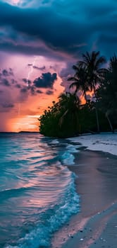 tropical beach view at cloudy stormy night with white sand, turquoise water and palm trees. Neural network generated image. Not based on any actual scene or pattern.