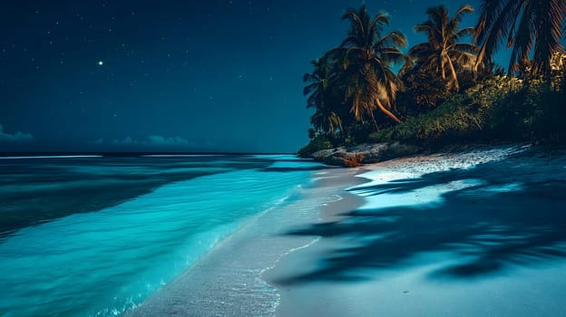 tropical beach view at starry night with white sand, turquoise water and palm tree. Neural network generated image. Not based on any actual scene or pattern.