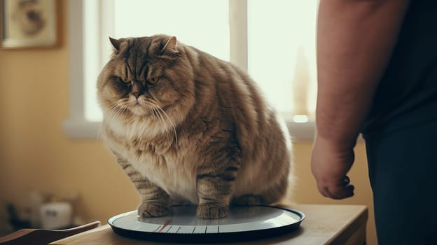 A large, fat, obese cat at a veterinarian's appointment in a clinic. Concept of care and concern for pets and obesity.