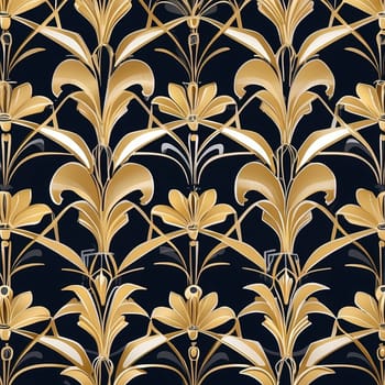 Seamless pattern with gold lilies on a dark background. AI Generated.