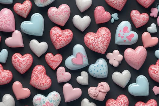 Love background with decorative balloon hearts mosaic. Colorful heart 3d pattern. AI Generated.