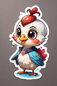 Illustration of cute little chicken rooster cartoon character in sticker style. AI Generated.