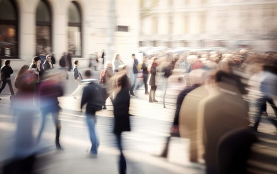 Abstract blurred background of bright color business people walking on sidewalk at business center in the city