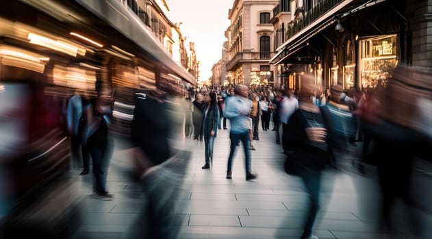 Abstract blurred background of bright color business people walking on sidewalk at business center in the city