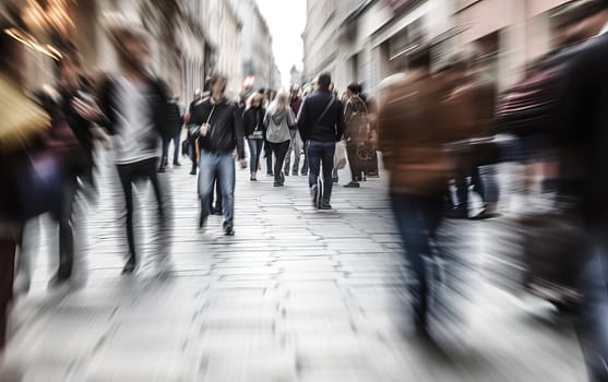 Abstract blurred background of bright color business people walking on sidewalk at business center in the city