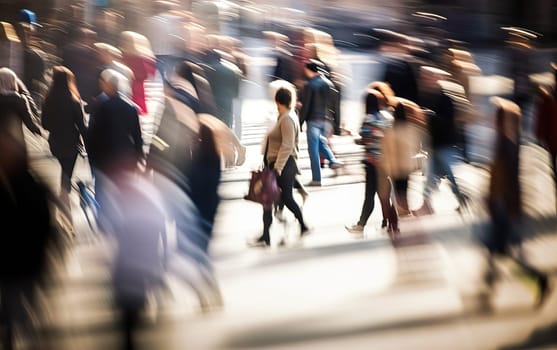 Abstract blurred background of bright color business people walking on sidewalk at business center in the city