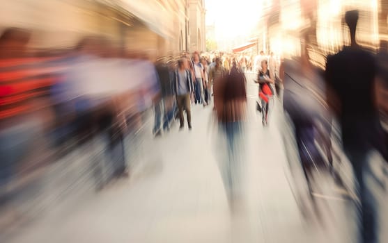 Abstract blurred background of bright color business people walking on sidewalk at business center in the city