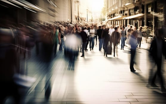 Abstract blurred background of bright color business people walking on sidewalk at business center in the city