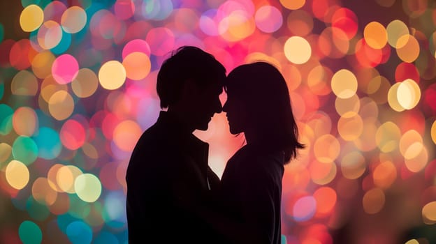 Silhouette of a couple with a colorful bokeh background. Neural network generated image. Not based on any actual person or scene.