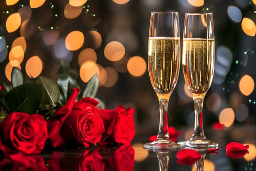 two glasses with sparkling wine or champagne and red roses on table with bokeh lights in the background for generic celebration concept. Neural network generated image. Not based on any actual or scene.