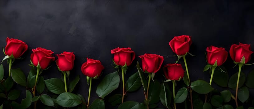 Red roses on black background with copy space. Neural network generated image. Not based on any actual person or scene.