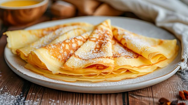 A portion of crepes is on a plate. Maslenitsa. Delicious and healthy food. AI generated.