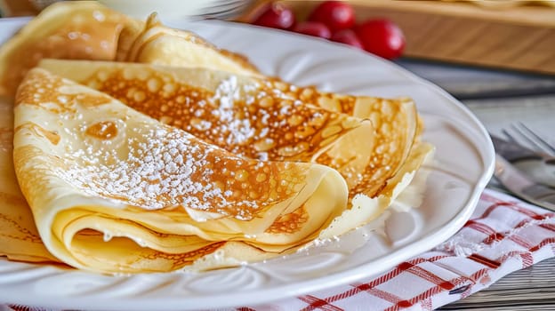 A portion of crepes is on a plate. Maslenitsa. Delicious and healthy food. AI generated.