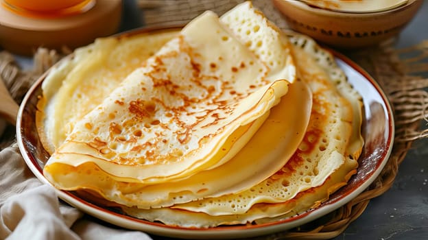 A portion of crepes is on a plate. Maslenitsa. Delicious and healthy food. AI generated.