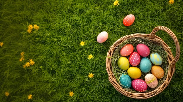 Easter basket with colorful eggs on a background of green grass meadow, high angle view. Neural network generated image. Not based on any actual scene or pattern.