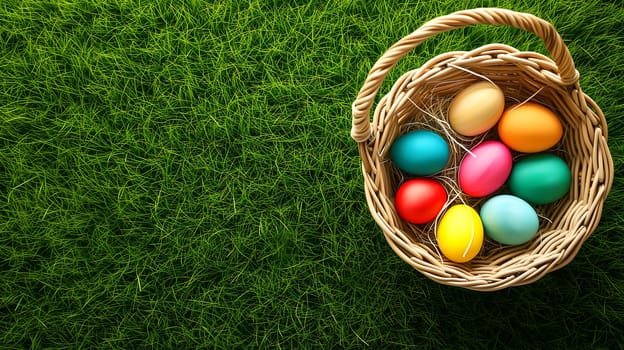 Easter basket with colorful eggs on a background of green grass meadow, high angle view. Neural network generated image. Not based on any actual scene or pattern.