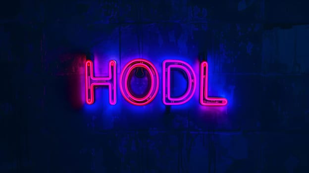 Neon inscription HODL on dark shabby wall. Neural network generated image. Not based on any actual scene or pattern.