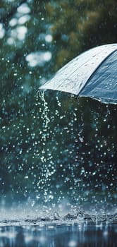 Close up, black umbrella under rainfall against a background of water droplets splashing. Concept of rainy weather. Neural network generated image. Not based on any actual scene or pattern.