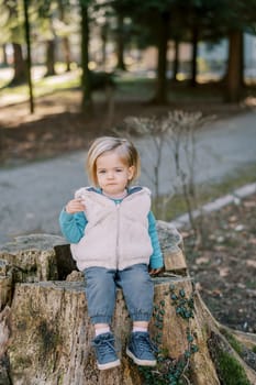 Little girl pursed her lips while sitting on a stump covered with ivy in the park. High quality photo