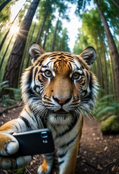 Close-up Animal in forest take selfie. interaction between wildlife and modern photography trends