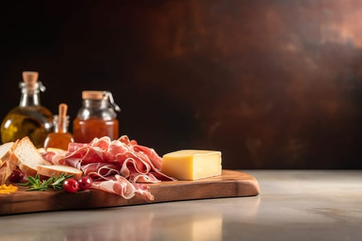 Assorted cold cuts and cheese on wooden board.