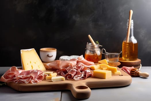 Assorted cheeses and cured meats on wooden board with honey and dips.