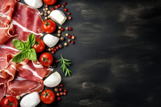 Assorted Italian cold cuts, cheese, and tomatoes with basil on a dark surface.