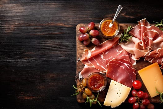 Assorted cold cuts, cheese, and condiments on wooden board