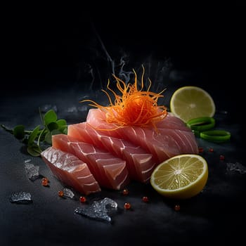 Succulent slices of sashimi garnished with delicate threads, herbs, lemon, and spices on a dark backdrop.