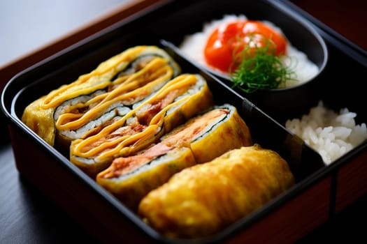 Japanese bento box with Tamagoyaki, rice, and vegetables.