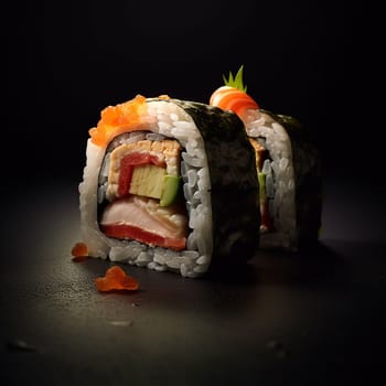 Traditional sushi roll with salmon, avocado, and rice, on a dark background.