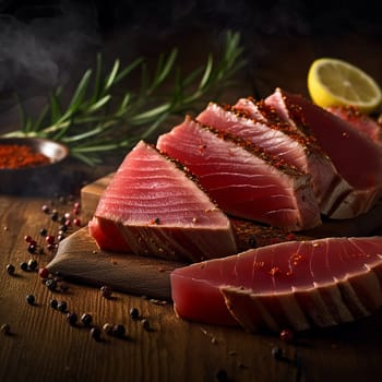 Sliced raw tuna on a wooden board with lemon and spices.