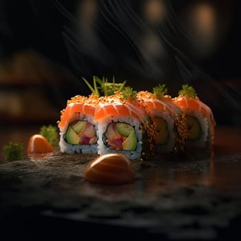 Sushi rolls with salmon roe garnish on dark background