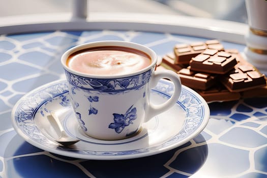 A cup of hot chocolate on a table with a blue and white tile surface.