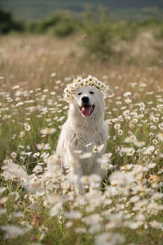 Daisies white dog Maremma Sheepdog in a wreath of daisies sits on a green lawn with wild flowers daisies, walks a pet. Cute photo with a dog in a wreath of daisies