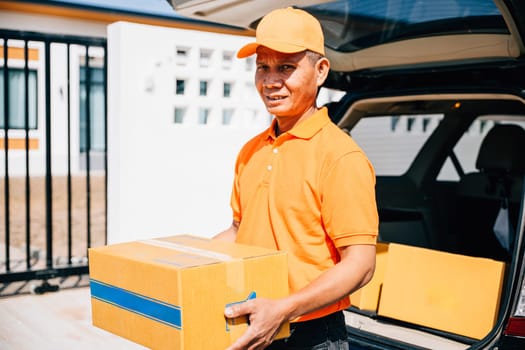 Portrait of a confident logistic worker in uniform delivering cardboard boxes to a recipient at their home door. Illustrating efficient delivery service and customer happiness.