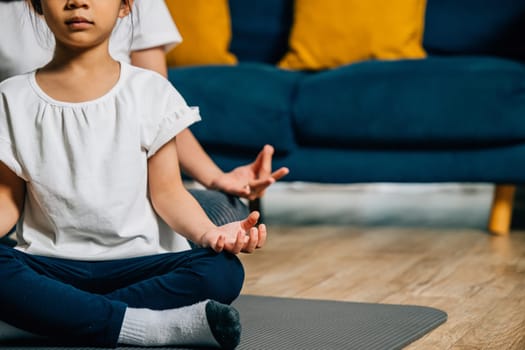 In a joyful family yoga session a young mother and her delightful daughter practice in lotus position promoting mindfulness and meditation with smiles reflecting happiness and togetherness.