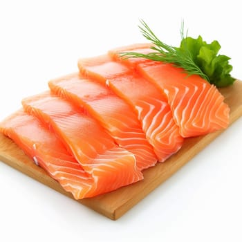 Sliced smoked salmon served on a wooden board with herbs.