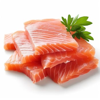 Sliced fresh salmon, ready for cooking or sushi preparation.