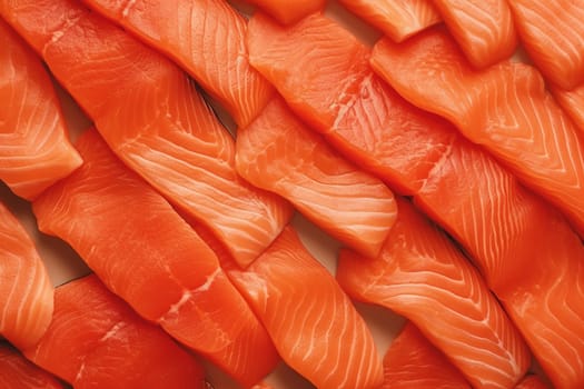 Fresh slices of raw salmon neatly arranged.