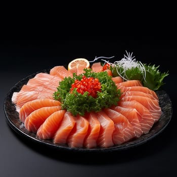 Fresh sashimi platter with salmon and garnishes.