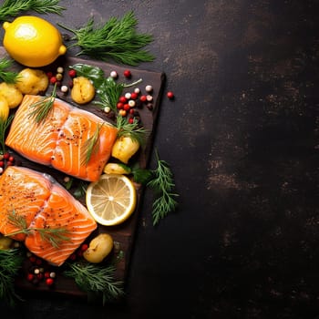 Fresh salmon fillets with herbs, spices, and citrus on a dark background.