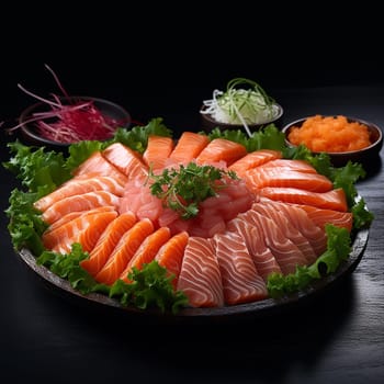 Fresh sashimi salmon slices on a bed of lettuce with garnish.