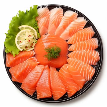 Platter of sliced salmon sashimi garnished with lettuce and lemon