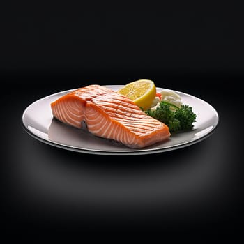 Grilled salmon fillet on plate with lemon and vegetables.