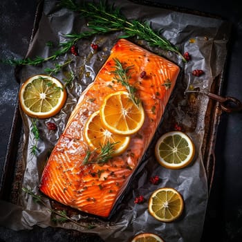 Fresh salmon fillet seasoned with herbs and citrus on baking sheet.