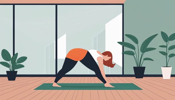 Large woman, yoga practice near sofa, leggings and top attire. Bright room, large window, floor-standing flower