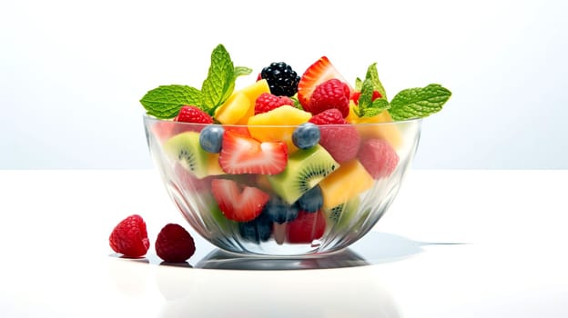 Fruit salad in a glass bowl on a white background.